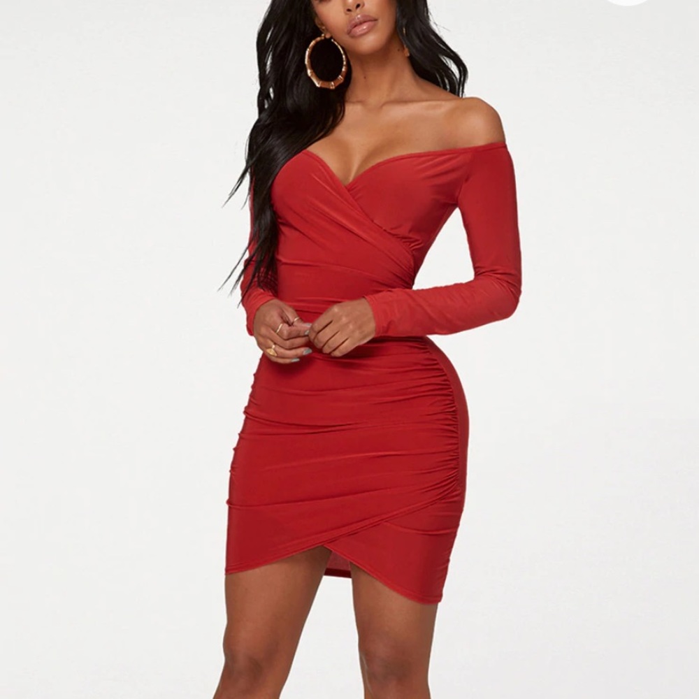 Shape red slinky ruched detail Bardot dress